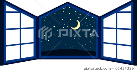 Open window window frame frame night starry sky mood illustration 65434359