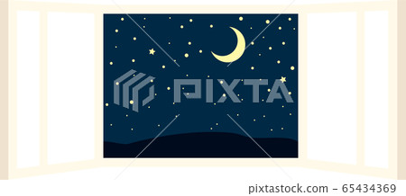 開著的窗戶窗框框架夜繁星點點的天空心情圖 65434369