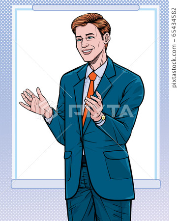 Business man presentation. Talk about meetings. Listen carefully. Illustration vector. On pop art comics style. Boards background. 65434582