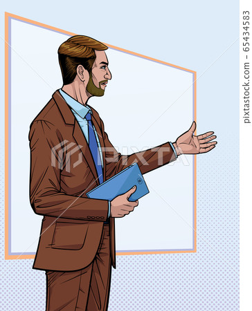 Business man presentation. Talk about meetings. Listen carefully. Illustration vector. On pop art comics style. Boards background. Business man presentation. Talk about meetings. Listen carefully. Illustration vector. On pop art comics style. Boards background. 65434583