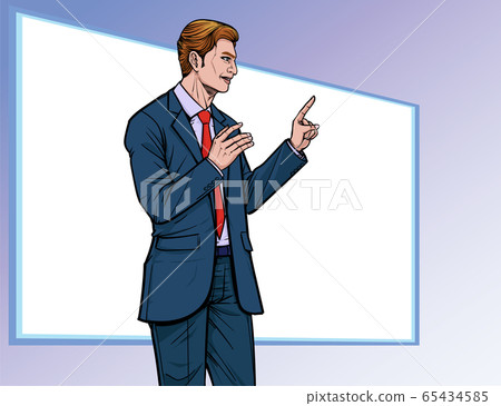 Business man presentation. Talk about meetings. Listen carefully. Illustration vector. On pop art comics style. Boards background. Business man presentation. Talk about meetings. Listen carefully. Illustration vector. On pop art comics style. Boards background. 65434585