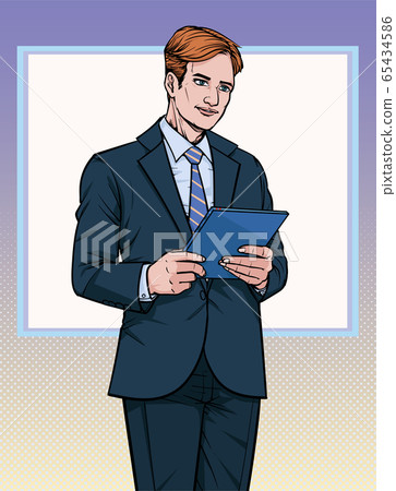 Business man presentation. Talk about meetings. Listen carefully. Illustration vector. On pop art comics style. Boards background. Business man presentation. Talk about meetings. Listen carefully. Illustration vector. On pop art comics style. Boards background. 65434586