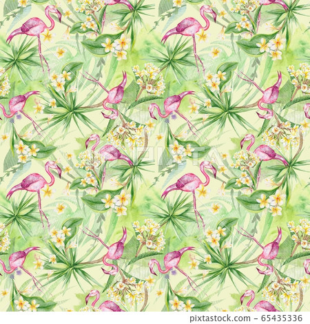 Tropical flamingo and plumeria flowers seamless pattern Tropical flamingo and plumeria flowers seamless pattern 65435336