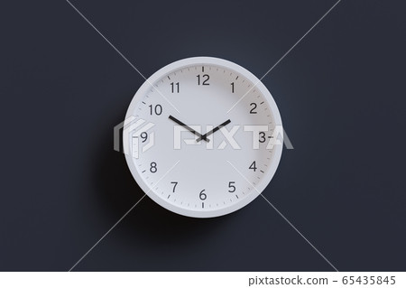3D Render - White wall clock isolated on dark gray background. Hour hand pointing at 2 and minute hand pointing at 10. 3D Render - White wall clock isolated on dark gray background. Hour hand pointing at 2 and minute hand pointing at 10. 65435845