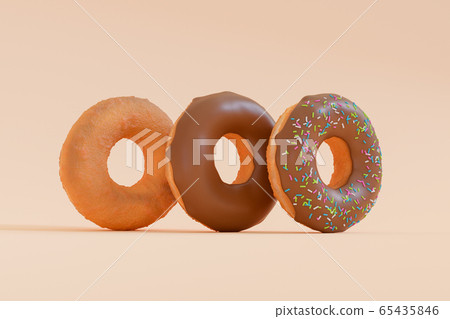 3D Render - Donuts stacked in different styles viewed at an oblique angle. Deep fried doughnuts without topping. Chocolate donuts with icing sprinkle on top. Donuts making process. 3D Render - Donuts stacked in different styles viewed at an oblique angle. Deep fried doughnuts without topping. Chocolate donuts with icing sprinkle on top. Donuts making process. 65435846