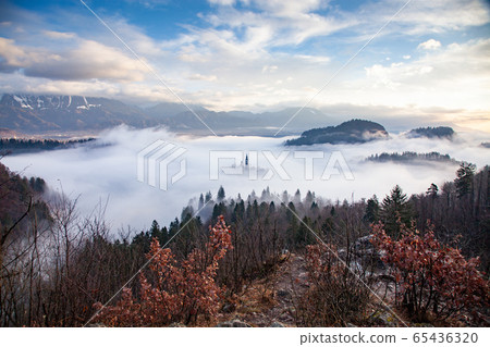amazing panorama of Lake Bled Blejsko Jezero on a 65436320