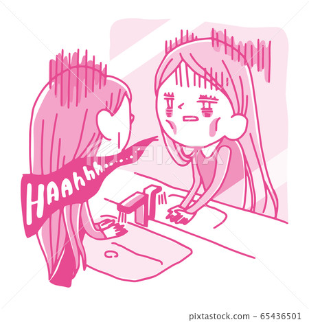 Illustration of a tired female employee having a reflection meeting in the bathroom 65436501