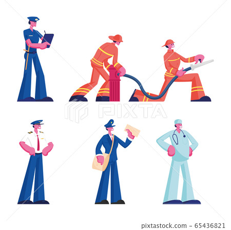Human Professions Set. Male and Female Characters Wearing Uniform Isolated on White Background, Firefighters Firemen Doctor Policeman Pilot Mailman Occupation, Job. Cartoon Flat Vector Illustration 65436821