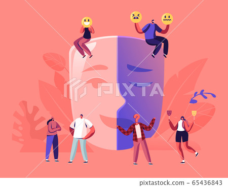 Hypocrisy Concept. Man and Woman Sitting on Huge Mask Separated on Smiling and Sad Crying Parts 65436843