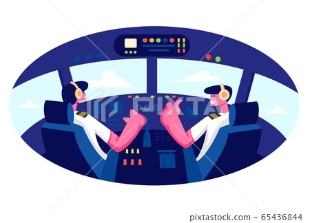 Smiling Pilots Wearing Headset or Headphones and Uniform Sitting in Chairs in Cabin of Plane at Airport. Aviators Male Characters 65436844