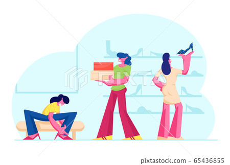 Young Woman Trying on Shoes Sitting on Couch near Shelves with Footgear in Store. Young Girls Choose and Fitting Footwear Young Woman Trying on Shoes Sitting on Couch near Shelves with Footgear in Store. Young Girls Choose and Fitting Footwear 65436855