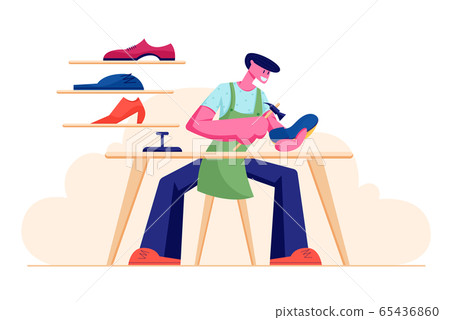 Shoemaker Male Character Wearing Apron Sitting at Workplace Desk Mending Shoe in Workshop with Footwear Stand on Shelves 65436860