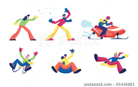 Set of Winter Time Activities and Recreational Fun. Male and Female Characters Snowball Fighting, Riding Snowmobile, Going Downhills by Sled and Tubing. Cartoon Flat Vector Illustration, Clip Art 65436861