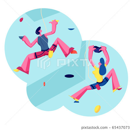 People Climbing Wall, Man and Girl Playing in Recreation Area for Training and Sport with Ropes for Rock Scaling Activity in Amusement Park or Playground. Game Leisure. Cartoon Vector Illustration 65437073