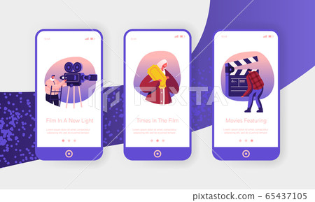 Movie Making Mobile App Page Onboard Screen Set. Operator Using Video Camera, Staff with Clapperboard and Reward for Recording Film Concept for Website or Web Page, Cartoon Flat Vector Illustration Movie Making Mobile App Page Onboard Screen Set. Operator Using Video Camera, Staff with Clapperboard and Reward for Recording Film Concept for Website or Web Page, Cartoon Flat Vector Illustration 65437105