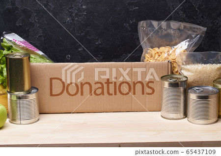 Food donations concept with varoius food Food donations concept with varoius food 65437109