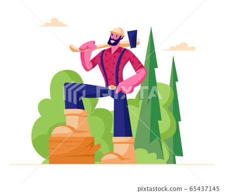 Bearded Lumberjack Male Character in Plaid Shirt Holding Ax on Shoulder Stand on Wooden Log in Forest. Lumber Woodcutter Worker 65437145