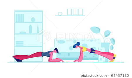 Young Fit Sporty Woman and Man Doing Plank at Home. Family Couple Hard Difficult Fitness Exercise or Push Press Ups. Sports Training Endurance, Healthy Sport Workout. Cartoon Flat Vector Illustration 65437180
