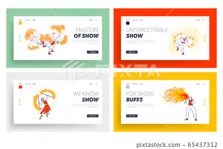 Fire Show Entertainment, Performance Landing Page Template Set. Characters Dance and Juggle with Flame on Stage Fire Show Entertainment, Performance Landing Page Template Set. Characters Dance and Juggle with Flame on Stage 65437312