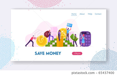 Money Savings, Investment and Finance Business Growth Website Landing Page. People Collecting Coins and Banknotes in Huge Heap, Counting on Calculator Web Page Banner. Cartoon Flat Vector Illustration 65437400
