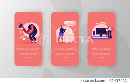 Smart Home Mobile App Page Onboard Screen Set. People Use Television, Iron and Air Conditioner with Iot, Internet Smart Home Mobile App Page Onboard Screen Set. People Use Television, Iron and Air Conditioner with Iot, Internet 65437432