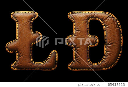 Set of symbols litecoin and dashcoin made of leather. 3D render font with skin texture isolated on black background. 65437613