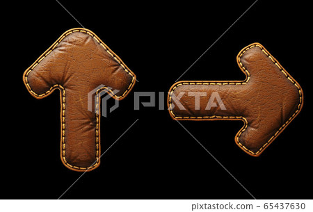 Set of symbols up arrow and right arrow made of leather. 3D render font with skin texture isolated on black background. 65437630