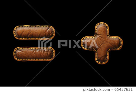 Set of symbols equals and plus made of leather. 3D render font with skin texture isolated on black background. Set of symbols equals and plus made of leather. 3D render font with skin texture isolated on black background. 65437631