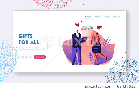 Man Give Present to Girlfriend Landing Page. Surprised Girl Get Bouquet of Flowers from Boyfriend for Valentine Day 65437632