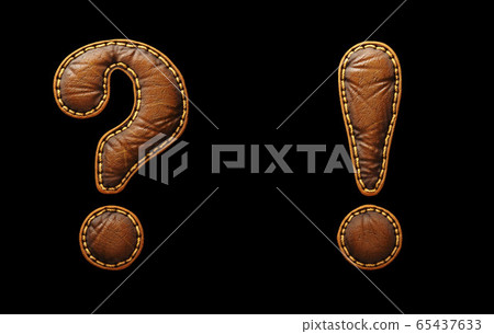 Set of symbols question mark and exclamation mark made of leather. 3D render font with skin texture isolated on black background. Set of symbols question mark and exclamation mark made of leather. 3D render font with skin texture isolated on black background. 65437633