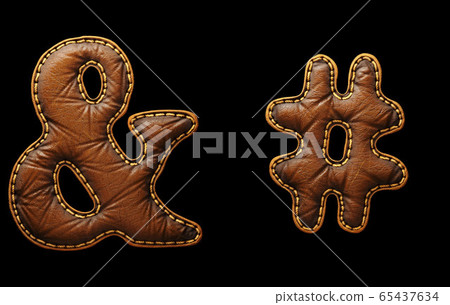Set of symbols ampersand and hash made of leather. 3D render font with skin texture isolated on black background. Set of symbols ampersand and hash made of leather. 3D render font with skin texture isolated on black background. 65437634