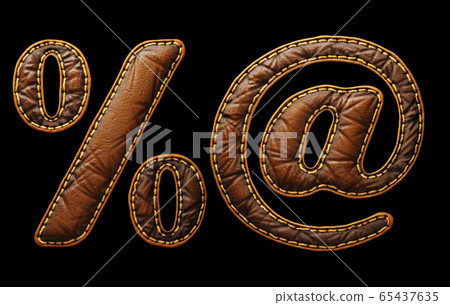 Set of symbols percent and at made of leather. 3D render font with skin texture isolated on black background. Set of symbols percent and at made of leather. 3D render font with skin texture isolated on black background. 65437635