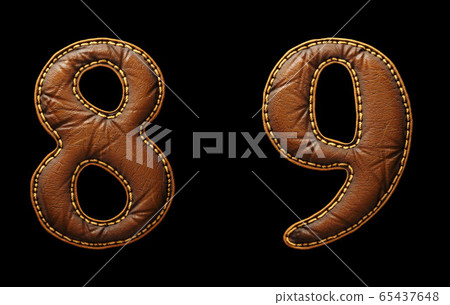 Set of numbers 8, 9 made of leather. 3D render font with skin texture isolated on black background. Set of numbers 8, 9 made of leather. 3D render font with skin texture isolated on black background. 65437648
