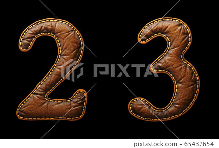 Set of numbers 2, 3 made of leather. 3D render font with skin texture isolated on black background. Set of numbers 2, 3 made of leather. 3D render font with skin texture isolated on black background. 65437654
