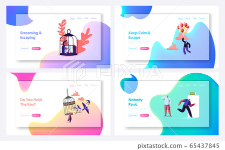 Characters Escape Home Isolation, Freedom Landing Page Template Set. People Leaving Cages and Run into Open Door Characters Escape Home Isolation, Freedom Landing Page Template Set. People Leaving Cages and Run into Open Door 65437845