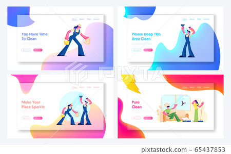 Cleaning Service Company Workers and Smart Technologies in Human Life Website Landing Page Set. Male and Female Characters 65437853