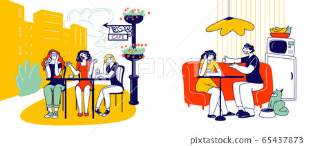 Young Bored Women Listening Annoying Friend in Outdoors City Cafe. Girl Boring of Talking Man 65437873