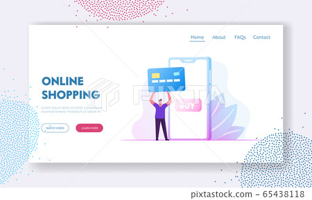 Online Payment Website Landing Page. Man Buyer Hold Credit Card Stand near Smartphone with Buy Button on Screen Online Payment Website Landing Page. Man Buyer Hold Credit Card Stand near Smartphone with Buy Button on Screen 65438118