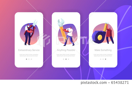 Diy Repair Mobile App Page Onboard Screen Set. Handymen with Scale Tape, Wrench and Pliers. Engineering Construction, House Renovation Concept for Website or Web Page, Cartoon Flat Vector Illustration 65438271