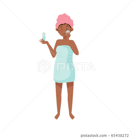 Young Woman with Her Head Wrapped in Towel Using Cosmetic Lotion or Facial Wash to Clean Her Face Vector Illustration Young Woman with Her Head Wrapped in Towel Using Cosmetic Lotion or Facial Wash to Clean Her Face Vector Illustration 65438272