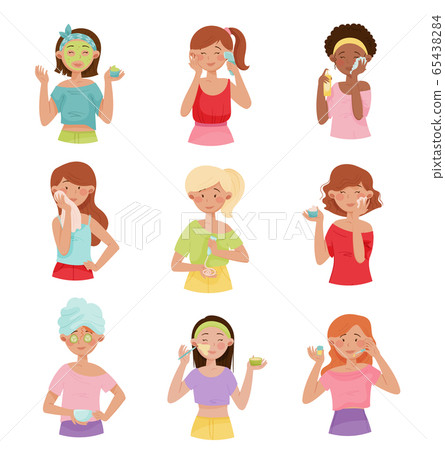 Young Girls Applying Cosmetic Cream, Oil and Facial Mask Vector Illustrations Set 65438284
