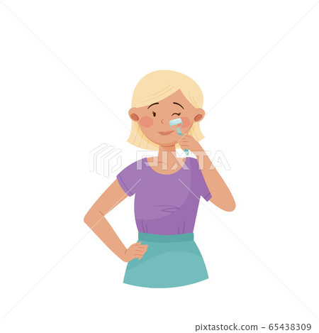 Young Girl with Short Hair Massaging Her Face with Facial Roller Vector Illustration 65438309