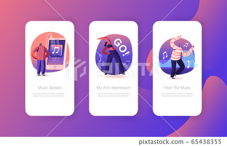 Musical Relaxation Mobile App Page Onboard Screen Set. Young Man Wearing Headset Listening Music Tracks Musical Relaxation Mobile App Page Onboard Screen Set. Young Man Wearing Headset Listening Music Tracks 65438355