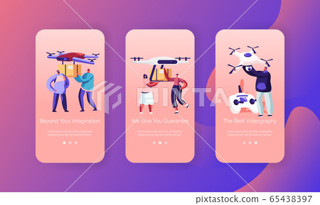 Drones Delivery Service, Innovation Technologies Mobile App Page Onboard Screen Set. People Navigating Quadcopters with Remote Control Concept for Website or Web Page, Cartoon Flat Vector Illustration 65438397
