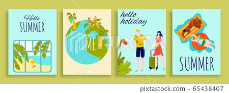 Travel, vacation, summer holidays banners set, tourists, travelers with luggage on globe, sunbathing and swim in sea cartoon vector illustration. 65438407