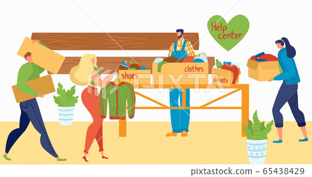 Volunteers help people with cloths and things, help center, charity, care for homeless and social support flat vector illustration. 65438429