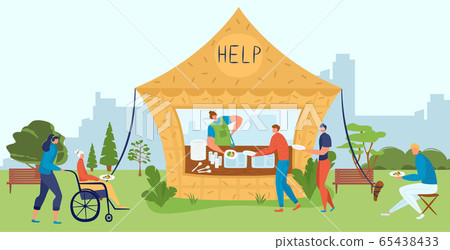 Volunteers help senior and disabled people, food charity, care for homeless, social support project flat vector illustration. Volunteers help senior and disabled people, food charity, care for homeless, social support project flat vector illustration. 65438433
