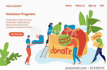 Volunteers donate cloths and things boxes, social help, charity, care for homeless and support website template vector illustration. Volunteers donate cloths and things boxes, social help, charity, care for homeless and support website template vector illustration. 65438435