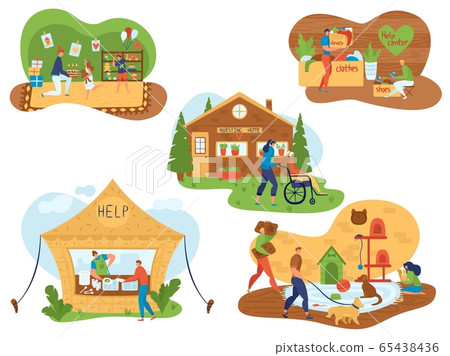 Volunteers help senior and disabled people, food charity, care for homeless, social support project flat vector illustration. Volunteers help senior and disabled people, food charity, care for homeless, social support project flat vector illustration. 65438436