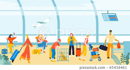 Tourists with baggage suitcases in airport, travellers people at terminal in airports lounge flat vector illustration. 65438461